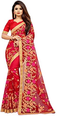 BARKIYA CREATION Women's Net Saree With Unstiched Blouse Piece