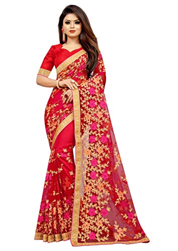 BARKIYA CREATION Women's Embroidered Work Net Saree With Blouse Piece(Red).