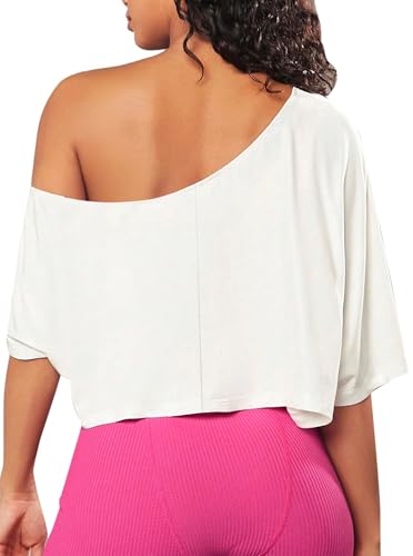 Remidoo Womens Off The Shoulder Tops Short Sleeve Crop Top Asymmetrical Neck T Shirt2