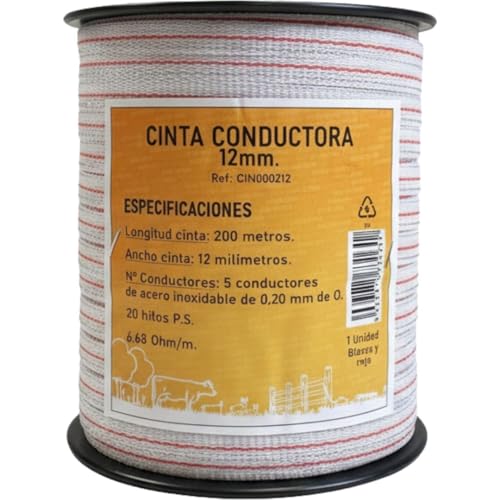 Llampec Hilo Pastor Eléctrico 200 m x 12 mm – Cinta 5 Conductores Acero Inoxidable – Alta Conductividad y Resistencia UV – Cable Valla Eléctrica para Caballos, Vacas y Perros – Bobina Conductora