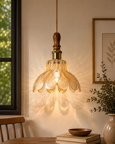 Image of Homesake Botanica Pendant Lamp | Petal Scalloped Glass Hanging Light with Solid Wood Top | Vintage European Ceiling Fixture, Pendant Light for Home Decor, Hallway, Kitchen & Balcony, (Petal, Yellow)