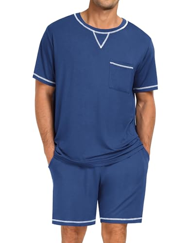 Image of SWOMOG Mens Pajamas Set Summer Sleepwear Short Sleeve Pjs Set Soft 2 Piece Lounge Set Comfy Loungewear with Pockets