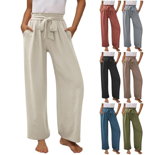 Girls Cotton Linen Pants Bowknot Belt Plain Lightweight Breathable Trendy Pants Elastic Waist Wide Leg Loose Trouser