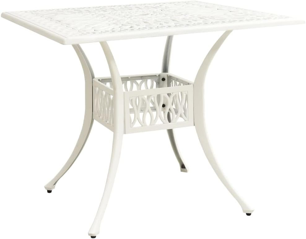 White Cast Aluminum Garden Table with Decorative Inlays, Square 35.4 Inch Patio Table for Outdoor Dining, Bistro Set Outdoor, Small Patio Table, Weather Resistant