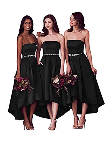 XingMeng Strapless Off Shoulder Satin High Low Bridesmaid Dress with Sashes Short Front Long Back Prom Gown Black