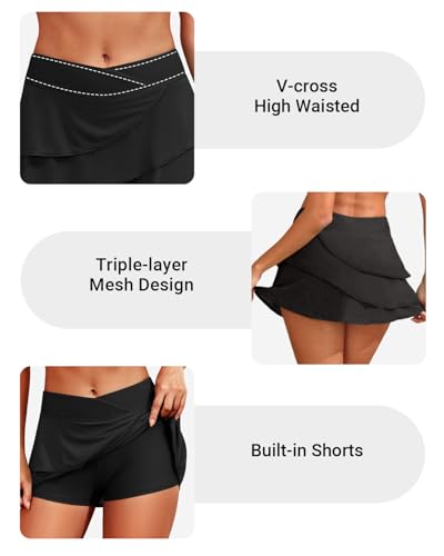 Zmart Women High Waisted Swim Skirt — V Cut Layer Ruffle Crossover Skorts Swimsuit Bathing Suit Bottoms with Shorts3