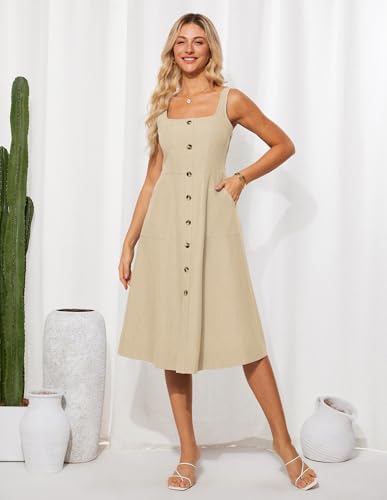 Image of GRACE KARIN Women's Summer Dress 2025 Casual Square Neck Flattering A-Line Button Down Midi Tank Sundress with Pockets