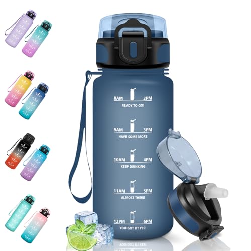 Motswedi Botella Agua, 500ml Sin BPA, Botella Agua Niños con Pajita, Reutilizable, a Prueba de Fugas, Cantimplora para Gym, Oficina, Escuela, Yoga, Azul Oscuro
