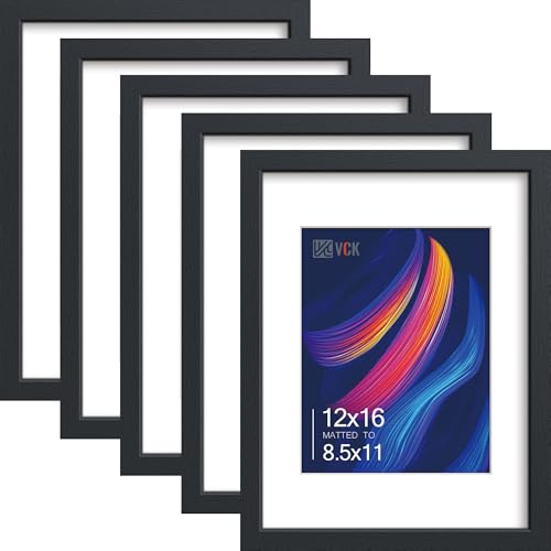 Image of VCK 12x16 Picture Frame 5 Pack, Black Wood, 8.5x11 Mat, Glass, for Artwork