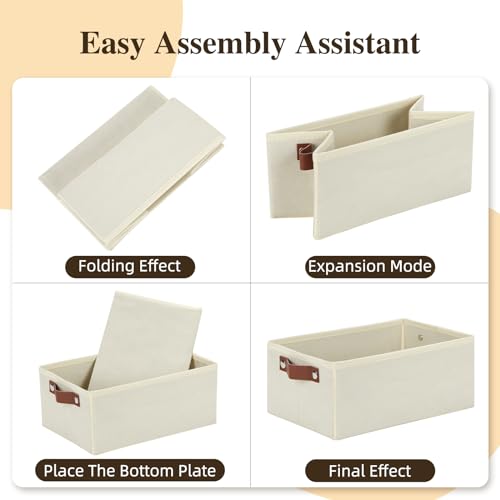 Image of DULLEMELO Storage Bin, Fabric Storage Bin with PU Handles, Decorative Storage Basket and Organizer Bins, Collapsible Storage Bins for Toy Storage, Clothes Organizer (Light Beige,11.8L*7.9W*5.1H)