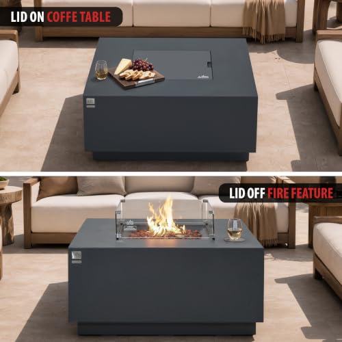 Image of AMS 48 inch Square Concrete GFRC Propane Gas Fire Pit Table Bundle (Dark Gray)