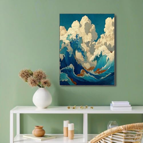 Lienzo de olas estilo Ukiyo-E en azul y blanco para decoración de pared sin marco (50x70 cm) 2