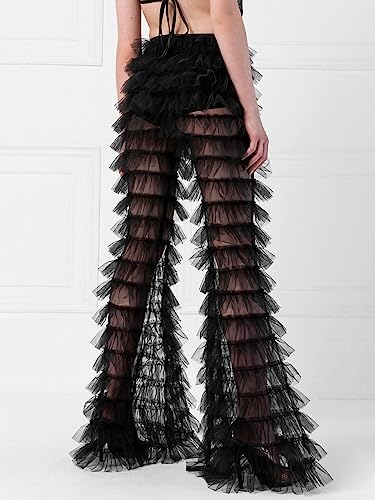 Women's Tiered Ruffled Long Pants Sheer Mesh Multi Layer Wide Leg Pants Flare Tulle Cover Up Pants Beach Wear3