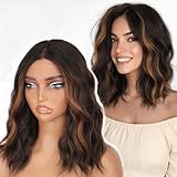 AISI HAIR 14 Inch Highlights Brown Wigs for Women - Shoulder Length Wave Wig with Pre-Cut Lace Hairline, Middle Part Natural Wavy Bob Synthetic Heat Resistant Fiber for Daily and Party