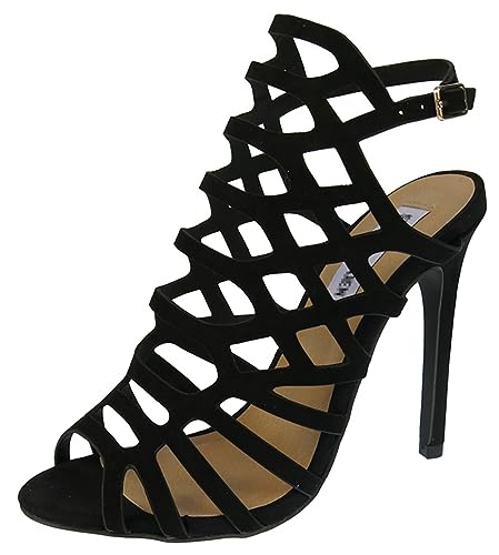 Sandales gladiateur TM020 en daim noir avec un grand talon aiguille