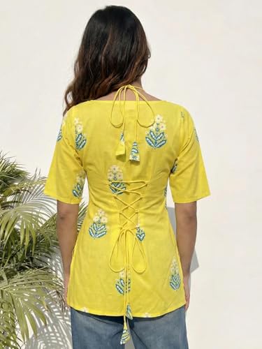 Image of ANNI Designer Women's Viscose Blend Printed Short Kurti | Straight Fit Ethnic Top with Square Neck | Bell Sleeve Indian Kurta for Office College, Party
