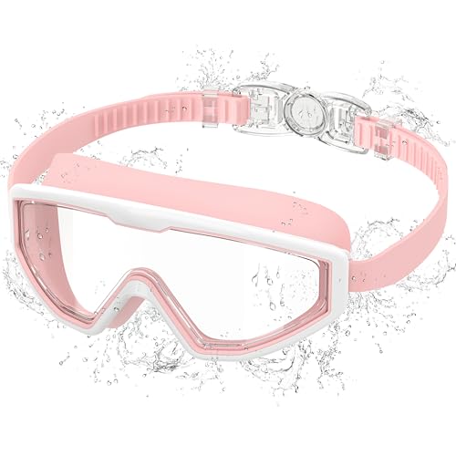 Ambienden Gafas de Natación Niño Antivaho UV, Visión 180° - Ajuste 1-Clic & Sello de Silicona - Unisex Gafas de Natación de 3-12 Años, Pink-White