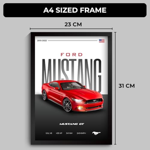 Image of Mustang Poster | Framed Mustang A4 Sized (31 x 23 cm) | Muscle Poster for Wall, Gift for Boys, American Muscle Car Frames | Car Posters for Wall, Bedroom, Hostel, Study Area, Hostel (F 038)