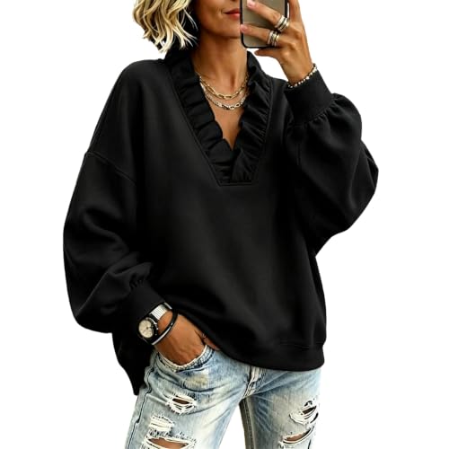 Elneeya V Neck Sweatshirt Women Oversized Ruffle Vintage Fall Sweatshirt - image 1