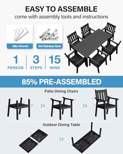 Image of YEFU Outdoor Dining Table for 6: All Weather Rectangular Patio Table with Umbrella Hole and Aluminum Frame - Outdoor Furniture for Outside Backyard /Garden /Pool /Porch /Deck 300lbs Capacity Black