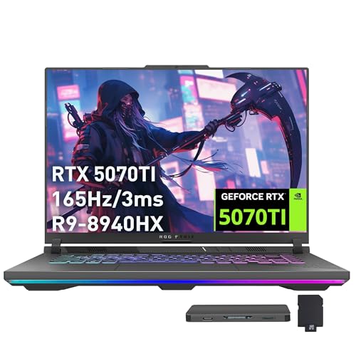 Image of ASUS ROG Strix G16 Gaming Laptop, GeForce RTX 5070 Ti 12GB GDDR7, AMD Ryzen 9 8940HX, 32GB DDR5, 2TB SSD, Backlit Keyboard, FHD Camera, 16 inch WUXGA 165Hz Display, Win 11, Gray, 1TB Docking Station Set