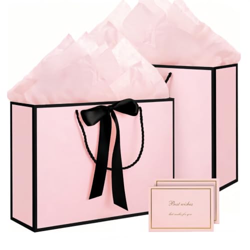 AMFUN 2PCS Medium Pink Gift Bag Paper Gift Bag with 4 Wrappers and 2 Cards Present Bags with Handles Pinks Paper Bags for Women Valentines Girls Bridesmaid Birthday Wedding Party (Pink-Black)