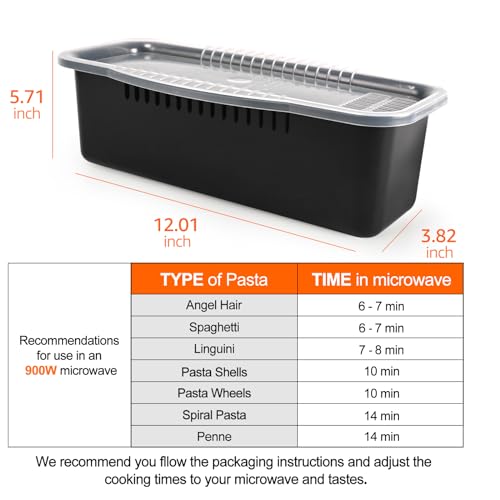 Image of Microwave Pasta Cooker with Strainer Lid- Quickly Spaghetti Cooker- No Sticking or Waiting For Boil- Perfect Make Pasta Every Time- For Dorm, Kitchen or Office, 2 Pack Grey Black