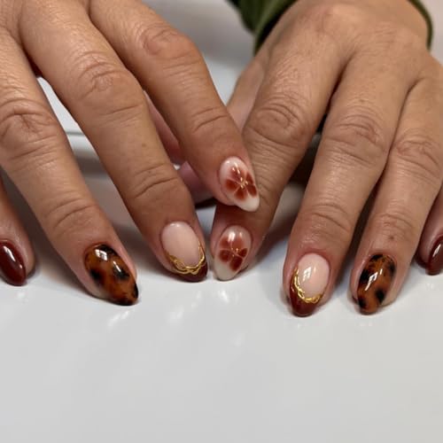 Tortoise Shell Press on Nails Short Almond Brown Fake Nails Fall False Nails Press ons with 3D Gold Line & Flower Designs Full Cover Autumn Stick on Nail for Women Girls Manicure 24Pcs