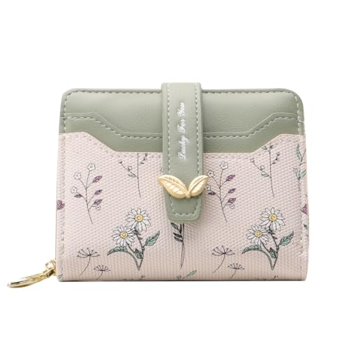Nabegum Small Wallet for Women Cute RFID Blocking Bifold Card Holder Green | Floral Ladies Compact Card Holder with Zipper Pocket ID Window,Compact Size & Soft Vegan Leather, Wildflower