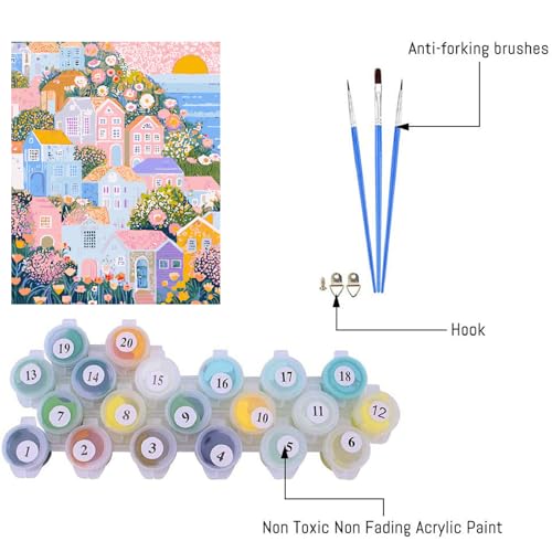 Image of Clendo DIY Paint by Numbers Kit for Adults Beginner, Seaside House Adult Paint by Number Kits on Canvas, Oil Painting Kit for Gifts Home Wall Decor 16x20 Inch(No Frame)