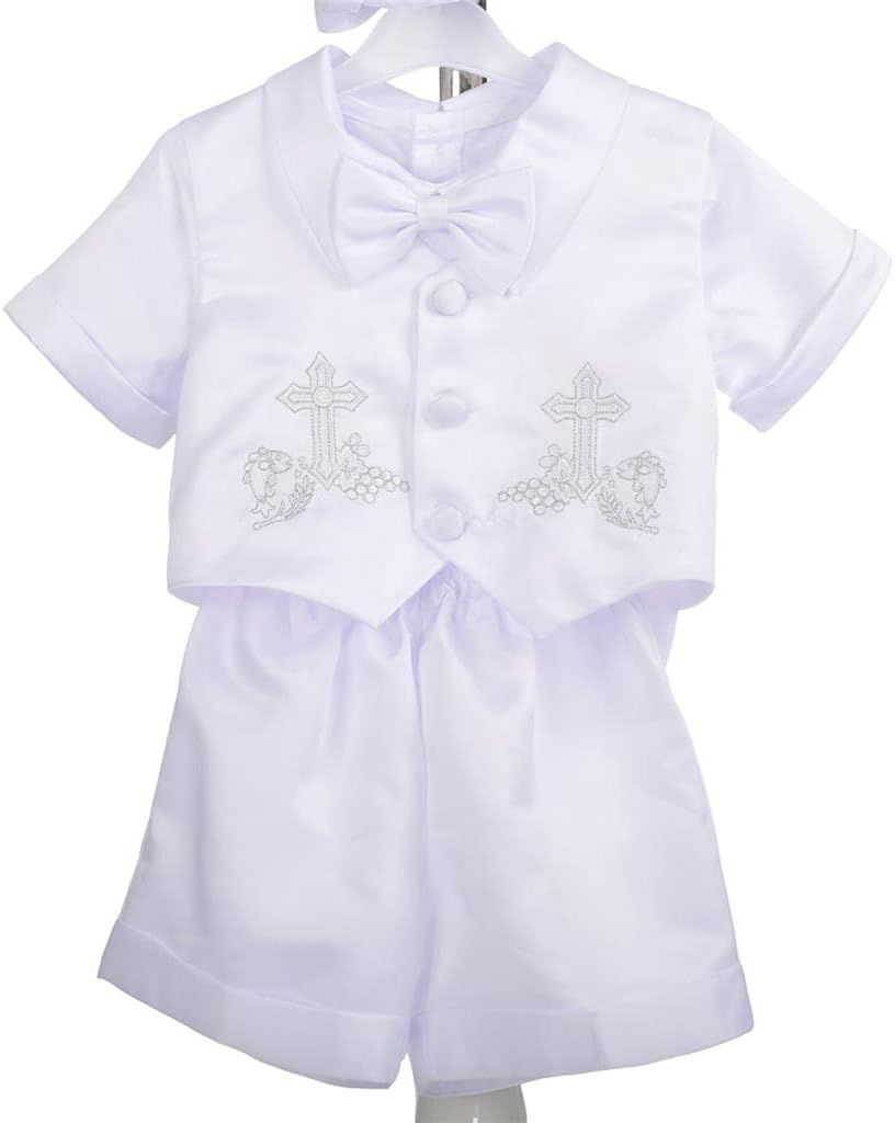 Dressy Daisy Infant Baby Boys' Christening Clothing Baptism Outfit 4 Pieces Set with Bonnet Hat, Short Sleeves - Image 3