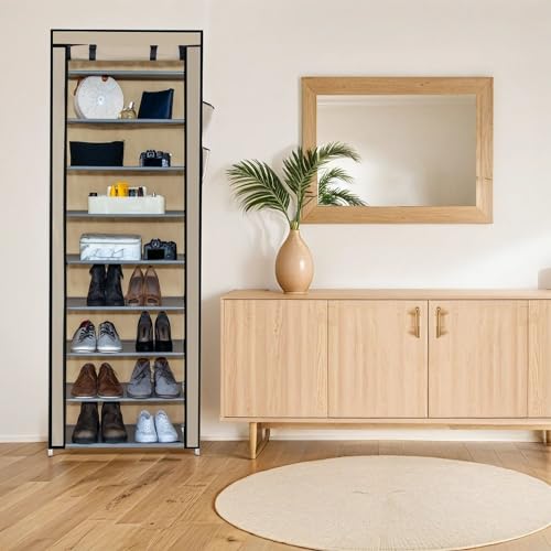 INTIRILIFE Faltschrank 170x58x28 cm in Creme BEIGE - Mit Reißverschluss Stoffschrank Kleiderschrank Schuhregal mit 9 Ablagefächern - Camping Steckschrank Textil Garderobe