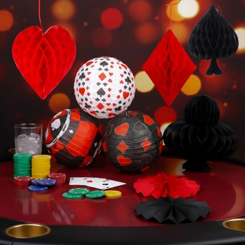 Image of Baquler 18 Pcs Casino Party Decoration 3D Poker Hanging Paper Lantern Red and Black Fans Honeycomb Ball for Las Vegas Game Casino Night Birthday Party Ceiling Decor Supplies