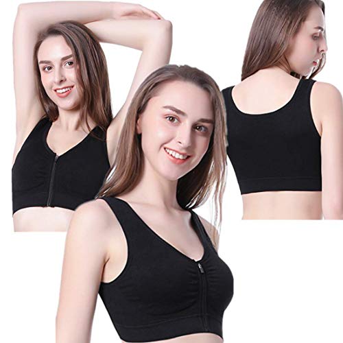 2Pack Women Front Zipper Closure Push Up Genie Bras Shockproof Fitness Vest Removable Padded Wireless Tops (L 34B 34C 34D 36A, 2 Pack Black)