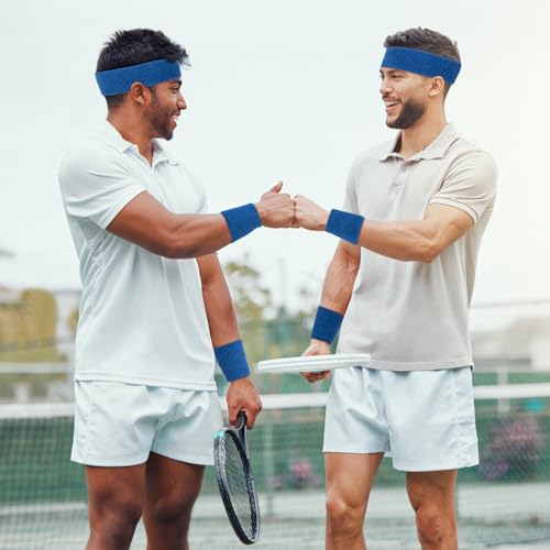 Image of 30 Pcs Sweatbands Wristbands Set Absorbent Terry Cloth Headbands Wristbands Neon Color Striped 80s Athletic Sweatbands for Sports Gym Exercise
