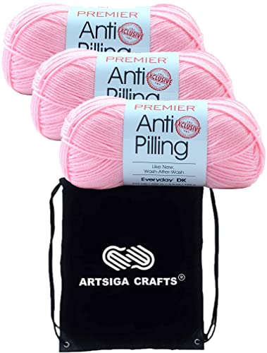 Image of Premier Yarns Anti-Pilling Everyday DK Baby Pink 1107-33 (3-Skeins-Same Dye Lot) DK Light Worsted #3 Anti-Pilling Acrylic Yarn for Crocheting and Knitting with Project Bag