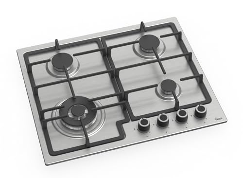 Ferre EL015/W - Placa de gas integrada de 60 cm - Cuerpo de acero inoxidable - Soportes para sartenes de hierro fundido - Quemador wok