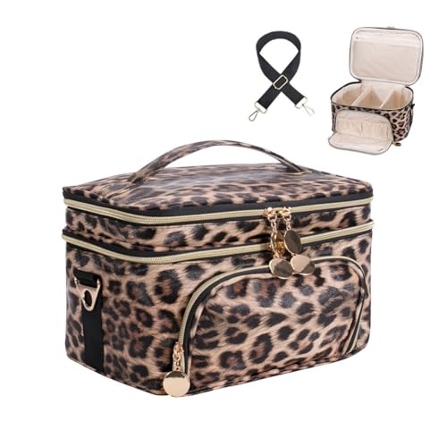 FITINI Double Layer Travel Leopard Makeup Bag,Extra Large Women Cosmetic