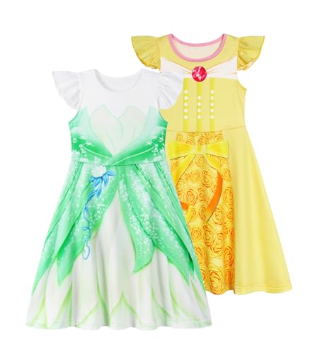 Jurebecia 2Pcs Girls Nightgowns Princess Nightgown Pajamas Flutter Short Sleeves Nightdress Sleepwear Nightie Dress for Kids