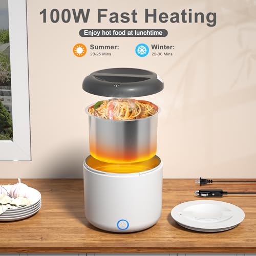Image of Vingud Electric Lunch Box for Adults, 1.2L /41oz, 100W Fast Heated Lunch Box, 12V /24V /110V Portable Food Heater for Car /Office Work with 304 Stainless Steel Container, White Gray