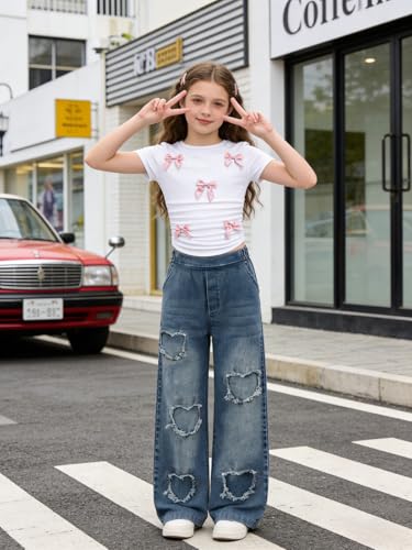 Image of Size 7-14 Years Girls 2 Piece Outfits Bow Short-Sleeved Top and Jeans Pants Clothing Set