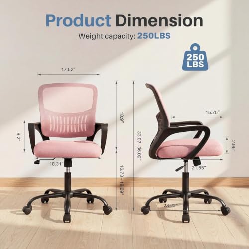Image of DUMOS Home Office Chair, Ergonomic Lumbar Support Desk Chair | Mid Back Mesh, Height Adjustable Fixed Armrest, Rocking Mode 360 Swivel, Conference Computer, Pink