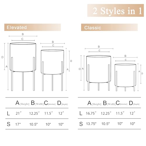 ARNIS Modern Plant Pots, Set of 2 Round Large Planters with Stand, Large Size Metal Pots with Drainage Holes for Living Room, Office, Garden or Balcony, 10.5 &12.25 Inch, Black & Gold