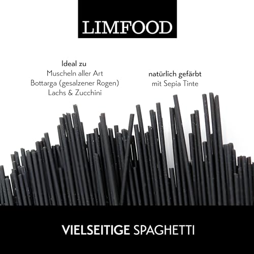 Limfood | Spaghetti Nero Seppia aus Italien (Sardinien), mit Tintenfischtinte rauhe Oberfläche, langsam getrocknet, Bronze verfahren, Spaghetti al Nero di seppia
