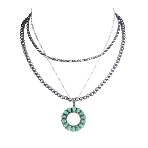 Western Jewelry Navajo Pearl Turquoise Necklace for Women Handmade Layered Long Pearl Necklaces with Turquoise Pendant for Cowgirl