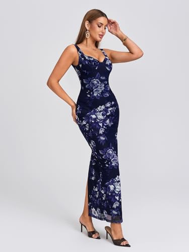 HTZMO Women Summer Floral Bodycon Maxi Dress V Neck Halter Sleeveless Casual Wedding Guest Party Elegant Long Dresses4