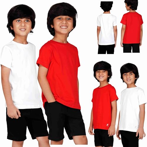 Image of Kids Round Neck T-Shirt Half Sleeves 100% Cotton Rich Soft Comfortable Fit Stylish Plain Color White+1 Combo Original Brand Tshirt for Boys
