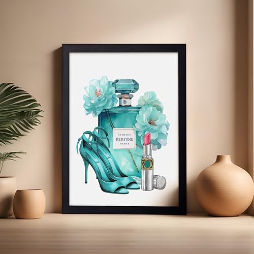 Image of Poster Master Turquoise Blue Designer Print - Fashion Poster - Shoes, Lipstick & Perfume Art - Chic Gift for Women & Fashionista - Glam Decor for Bedroom or Girl's Room - 16x20 Black Framed