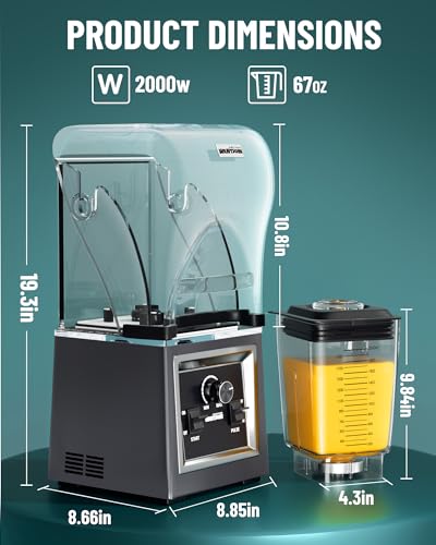 Image of Wantjoin Professional Grade Blender - Soundproof & Quiet Commercial Blenders, Removable Shield, 2000W Watte, 67 Oz Capacity - Perfect for Kitchen, Fruits, Shakes, Smoothies, and Frozen Drinks(Gray)