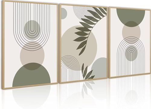 PWAAHDC Wandbilder Wohnzimmer Modern – 3er Set Leinwandbilder mit Rahmen 40x60cm – Große Abstrakte Boho Bilder in Grün – Gerahmte Kunstdrucke für Schlafzimmer & Wohnzimmer Deko